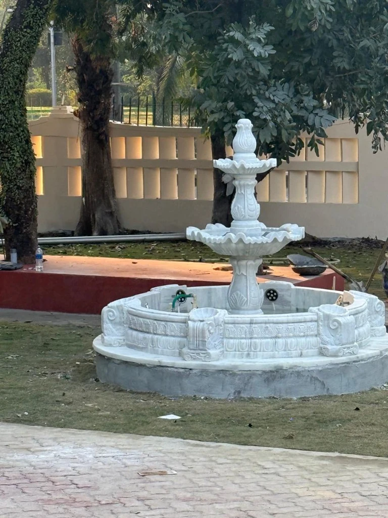 2-Tier Carved White Marble Fountain with Pool Ring in Estate Garden