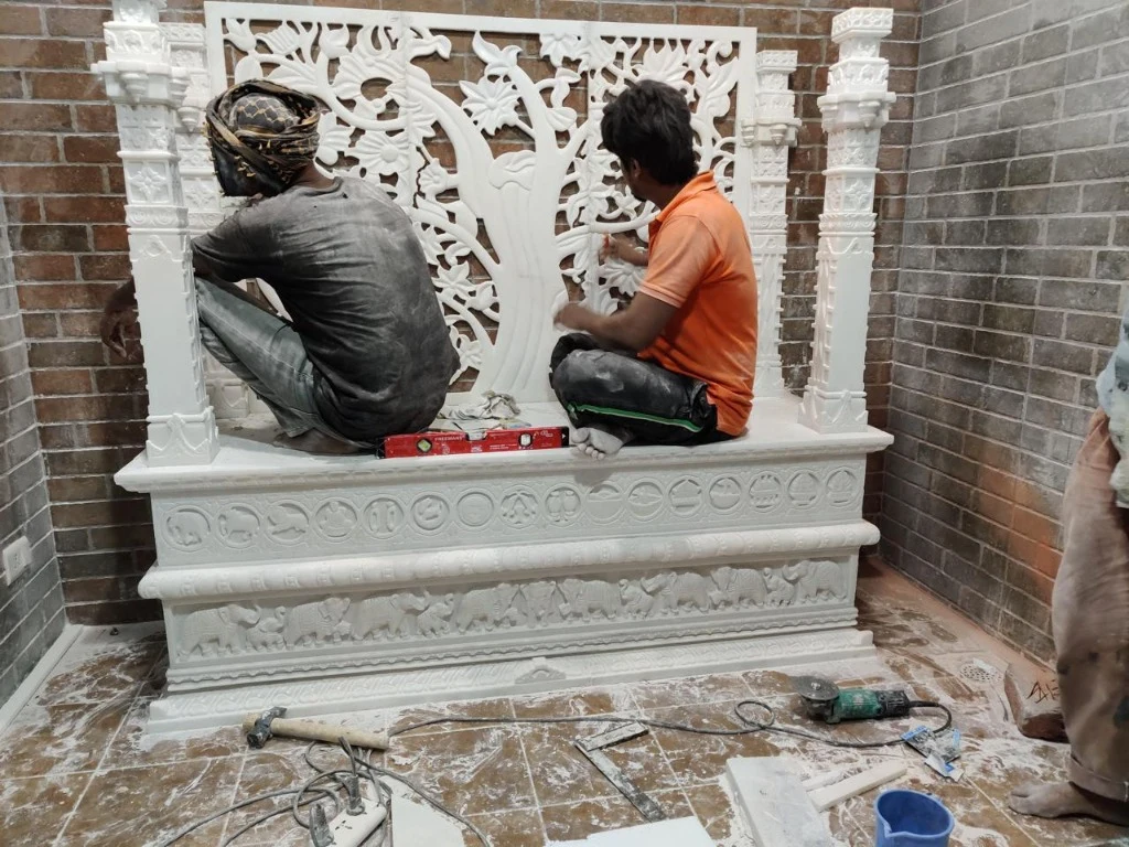 Crafting White Marble Home Mandir with Tree of Life Relief