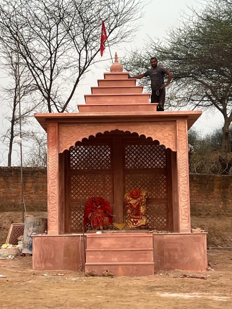 Red Sandstone Outdoor Shrine Mandir with Stepped Shikhar