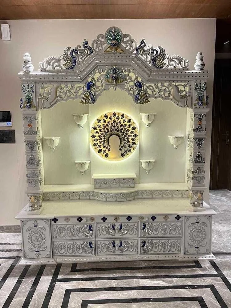 Royal Carved White Marble Home Mandir with Peacock Inlay