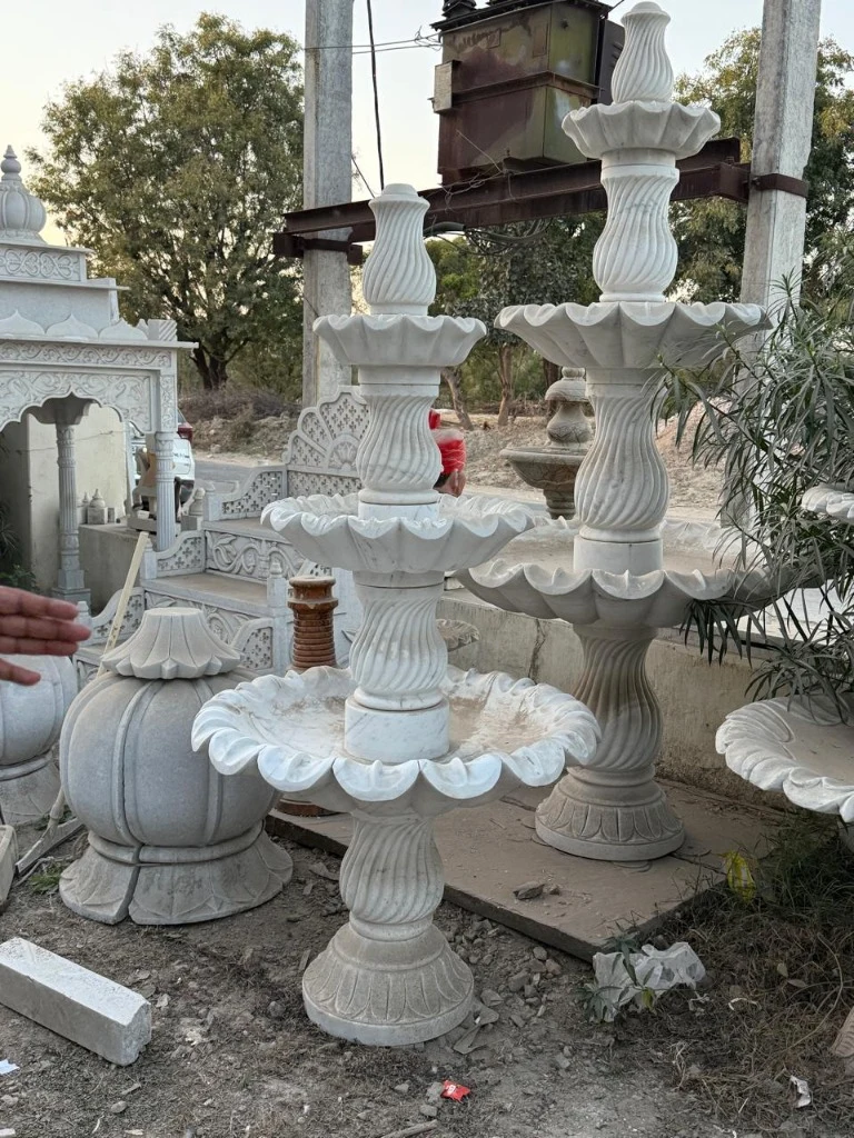 Spiral Fluted White Marble Tiered Garden Fountains