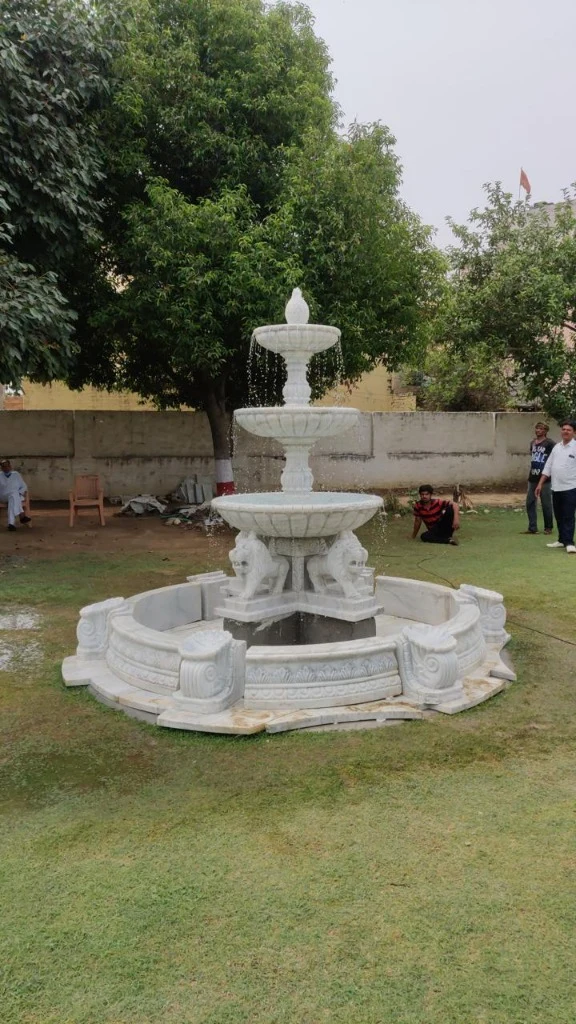 3-Tier White Marble Fountain with Pool Ring in Villa Lawn