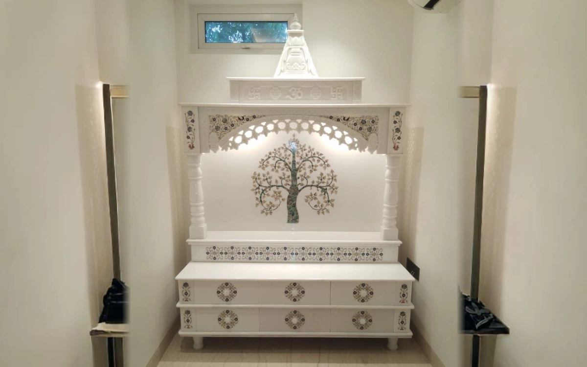 Handcrafted Makrana Marble Mandir & Kalpavriksha Inlay after